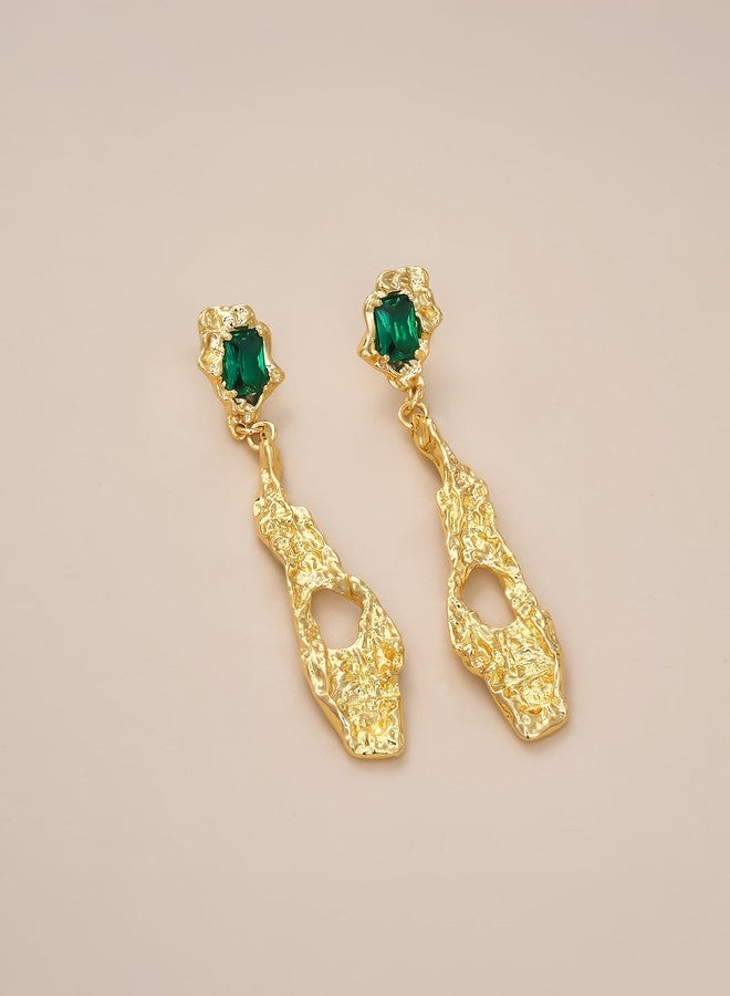 SNGIA 18K gold plated Abstract Long Chunky Vintage Boho Dangle Hammered Statement Earrings with Rectangle Green Emerald Gemstone by SNGIA, Bold Geometric Drop Handmade Exaggerated Irregular Trendy Bohemian Charm Chandelier Jewelry Gifts, Unique Dangling Teardrop Baroque Stone Summer Beach Fashion Accessories, Waterfall Vintage Thick Circular Nickle Free Huggies Hoop Earring. - Image 5